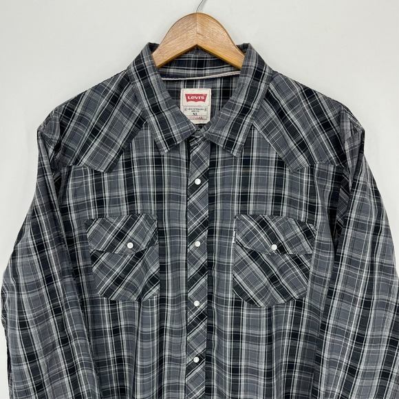 Levi's Western Shirt Men's Size‎ XL Gray Plaid Print Pearl Snap Cowboy - Picture 2 of 9